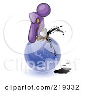 Purple Man Using A Shovel To Drill Oil Out Of Planet Earth