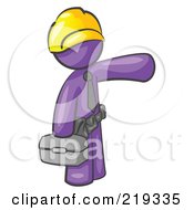 Poster, Art Print Of Purple Man A Construction Worker Handyman Or Electrician Wearing A Yellow Hardhat And Tool Belt And Carrying A Metal Toolbox While Pointing To The Right
