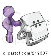 Purple Businessman Standing Beside A Rotary Card File With Blank Index Cards