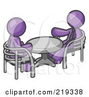 Poster, Art Print Of Two Purple Business Men Sitting Across From Eachother At A Table During A Meeting
