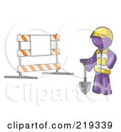 Poster, Art Print Of Purple Man Construction Worker In A Yellow Vest And Hardhat Holding A Shovel And Standing By A Road Block Sign