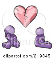 Royalty Free RF Clipart Illustration Of A Purple Design Mascot Man And Woman Under A Broken Heart by Leo Blanchette