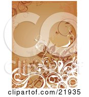 Poster, Art Print Of White Curly Vines Circles And Brown Flowers Over A Grunge Orange Background