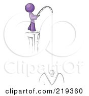 Purple Design Mascot Man Fishing On A Cliff
