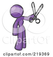 Clipart Illustration Of A Purple Woman Standing And Holing Up A Pair Of Scissors by Leo Blanchette