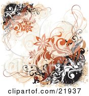 Poster, Art Print Of Orange Flowers And Black White And Orange Vines Over A White Grunge Background