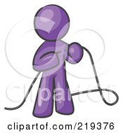 Purple Design Mascot Man Tying Loose Ends Of Cables
