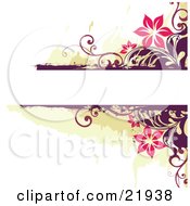 Clipart Picture Illustration Of A Blank White Text Space With Pink Flowers And Purple Vines Over Green And White