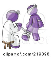 Poster, Art Print Of Purple Male Doctor In A Lab Coat Sitting On A Stool And Bandaging A Patient That Has Been Hurt On The Head Arm And Ankle