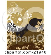 Poster, Art Print Of White And Tan Vines With Flowers Over A Brown And Black Background With Bubbles