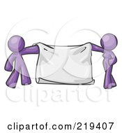 Purple Design Mascot Man And Woman Holding A Blank Banner