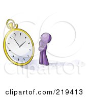 Purple Design Mascot Man Worried And Watching A Clock