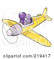 Purple Design Mascot Man Flying A Plane With A Passenger