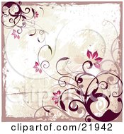 Clipart Picture Illustration Of A Red Flowering Vine With A Pale Pink Border Over A Green And White Grunge Background