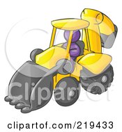 Clipart Illustration Of A Purple Man Operating A Yellow Backhoe Machine At A Construction Site by Leo Blanchette