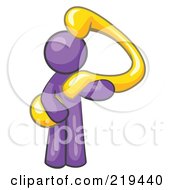 Poster, Art Print Of Purple Man Carrying A Large Yellow Question Mark Over His Shoulder Symbolizing Curiosity Uncertainty Or Confusion