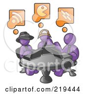 Three Purple Men Using Laptops In An Internet Cafe by Leo Blanchette