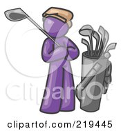 Royalty Free RF Clipart Illustration Of A Purple Man Standing By His Golf Clubs by Leo Blanchette