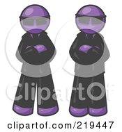 Two Purple Men Standing With Their Arms Crossed Wearing Sunglasses And Black Suits