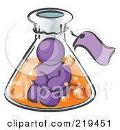 Clipart Illustration Of A Purple Man Trapped Inside A Bubbly Potion In A Laboratory Beaker With A Tag Around The Bottle
