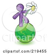 Poster, Art Print Of Purple Man Standing On The Green Planet Earth And Holding A White Daisy Symbolizing Organics And Going Green For A Healthy Environment
