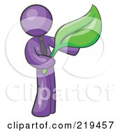 Clipart Illustration Of A Purple Man Holding A Green Leaf Symbolizing Gardening Landscaping Or Organic Products
