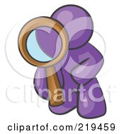 Poster, Art Print Of Purple Man Kneeling On One Knee To Look Closer At Something While Inspecting Or Investigating