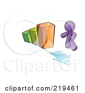 Clipart Illustration Of A Purple Man Standing By An Increasing Green Yellow And Orange Bar Graph On A Grid Background With An Arrow