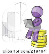 Poster, Art Print Of Purple Man Sitting On Coins And Using A Laptop By A Bar Graph