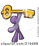Poster, Art Print Of Purple Businessman Holding A Large Golden Skeleton Key Symbolizing Success
