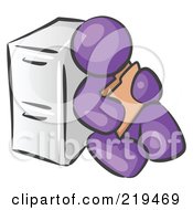 Purple Man Sitting By A Filing Cabinet And Holding A Folder