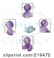 Poster, Art Print Of Group Of Four Purple Men Holding A Phone Meeting And Wearing Wireless Bluetooth Headsets