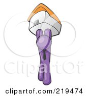 Clipart Illustration Of A Purple Man Holding Up A House Over His Head Symbolizing Home Loans And Realty