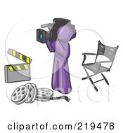 Purple Man Filming A Movie Scene With A Video Camera In A Studio