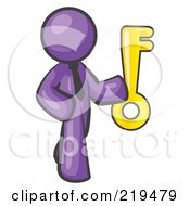 Poster, Art Print Of Purple Businessman Holding Up A Large Golden Skeleton Key