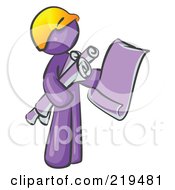 Poster, Art Print Of Purple Man Contractor Or Architect Holding Rolled Blueprints And Designs And Wearing A Hardhat