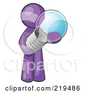 Poster, Art Print Of Purple Man Holding A Glass Electric Lightbulb Symbolizing Utilities Or Ideas