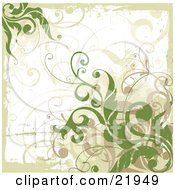 Clipart Picture Illustration Of Green And Tan Vines Over A Grunge White Background