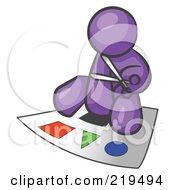 Poster, Art Print Of Purple Man Holding A Pair Of Scissors And Sitting On A Large Poster Board With Colorful Shapes
