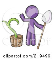 Purple Man Holding A Shovel By A Potted Plant