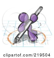 Clipart Illustration Of A Purple Man Holding A Pencil And Drawing A Circle On A Blueprint