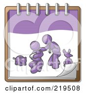 Poster, Art Print Of Purple Family Showing A Man Kneeling Beside His Wife And Newborn Baby With Their Dog And Cat On A Notebook Symbolizing Family Planning