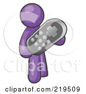 Clipart Illustration Of A Purple Man Holding A Remote Control To A Television by Leo Blanchette