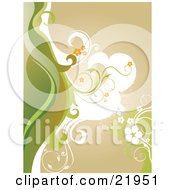 Poster, Art Print Of White Green And Brown Waves With Orange And White Flowers Over A Brown Background