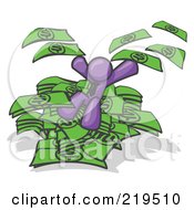 Poster, Art Print Of Purple Business Man Jumping In A Pile Of Money And Throwing Cash Into The Air