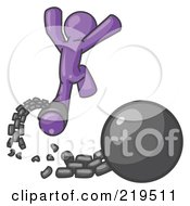 Clipart Illustration Of A Purple Man Jumping For Joy While Breaking Away From A Ball And Chain Symbolizing Freedom From Debt Or Divorce by Leo Blanchette