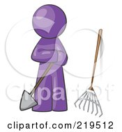 Poster, Art Print Of Purple Man Gardener With A Shovel And A Rake