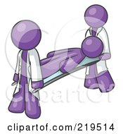 Royalty Free RF Clipart Illustration Of An Injured Purple Man Being Carried On A Gurney To An Ambulance Or Into The Hospital By Two Paramedics After An Accident Or Health Problem by Leo Blanchette
