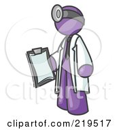 Poster, Art Print Of Purple Male Doctor Holding A Clipboard And Wearing A Head Lamp
