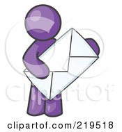 Poster, Art Print Of Purple Person Standing And Holding A Large Envelope Symbolizing Communications And Email